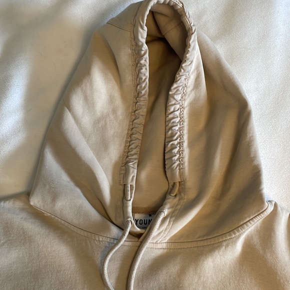 Young LA Beige Hoodie Size L Poly/Cotton/Spandex Zip Arm Pocket Green Graphics - Picture 10 of 11